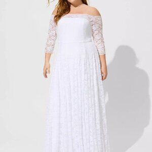 TORRID 14 White Lace Off Shoulder A-Line Wedding Dress NWT